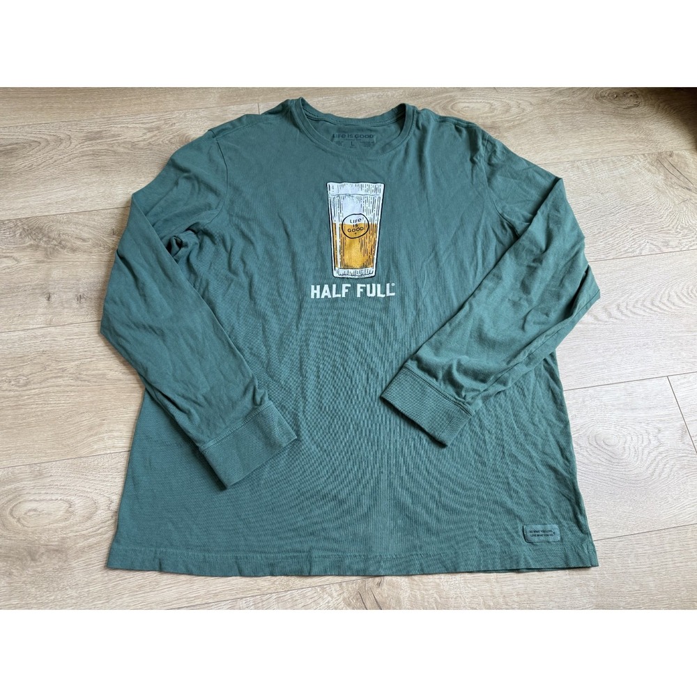 EUC Men Life Is Good crusher lite long sleeve tshirt green half full beer size L